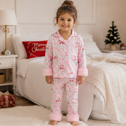 Toddler Christmas Pajama Set – Santa Claus Snowflake Sleepwear with Cozy Fur Trim for Holiday Family Photos and Winter Comfort
