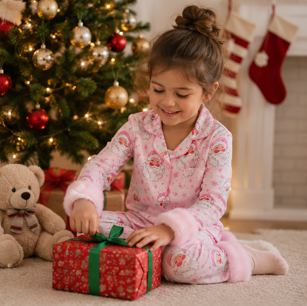 Toddler Christmas Pajama Set – Santa Claus Snowflake Sleepwear with Cozy Fur Trim for Holiday Family Photos and Winter Comfort
