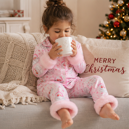 Toddler Christmas Pajama Set – Santa Claus Snowflake Sleepwear with Cozy Fur Trim for Holiday Family Photos and Winter Comfort