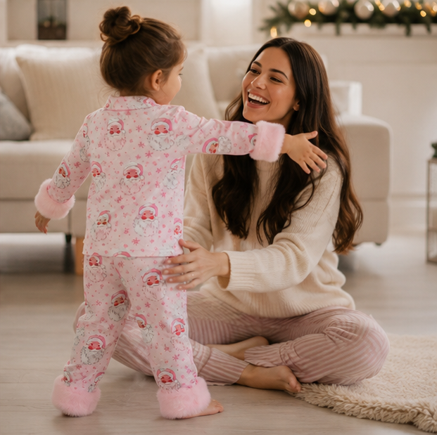 Toddler Christmas Pajama Set – Santa Claus Snowflake Sleepwear with Cozy Fur Trim for Holiday Family Photos and Winter Comfort