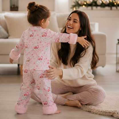 Toddler Christmas Pajama Set – Santa Claus Snowflake Sleepwear with Cozy Fur Trim for Holiday Family Photos and Winter Comfort