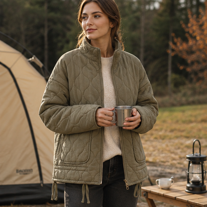 Vintage Quilted Padded Jacket – Women’s High Collar Winter Coat with Large Pockets for Warm Everyday Outerwear