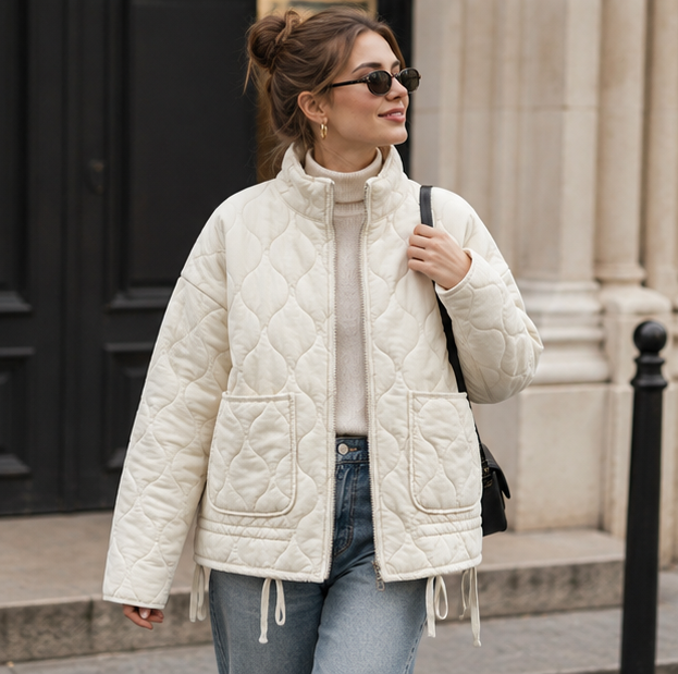 Vintage Quilted Padded Jacket – Women’s High Collar Winter Coat with Large Pockets for Warm Everyday Outerwear