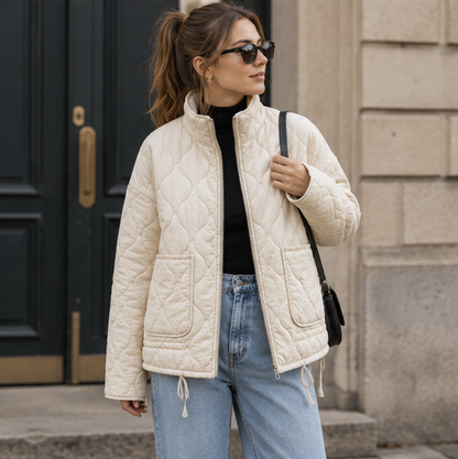 Vintage Quilted Padded Jacket – Women’s High Collar Winter Coat with Large Pockets for Warm Everyday Outerwear