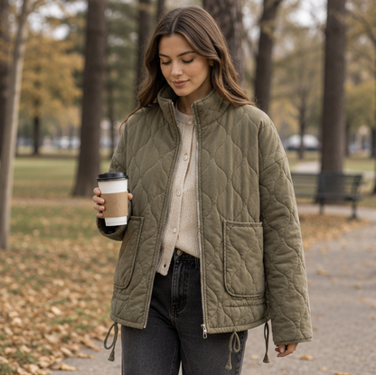 Vintage Quilted Padded Jacket – Women’s High Collar Winter Coat with Large Pockets for Warm Everyday Outerwear