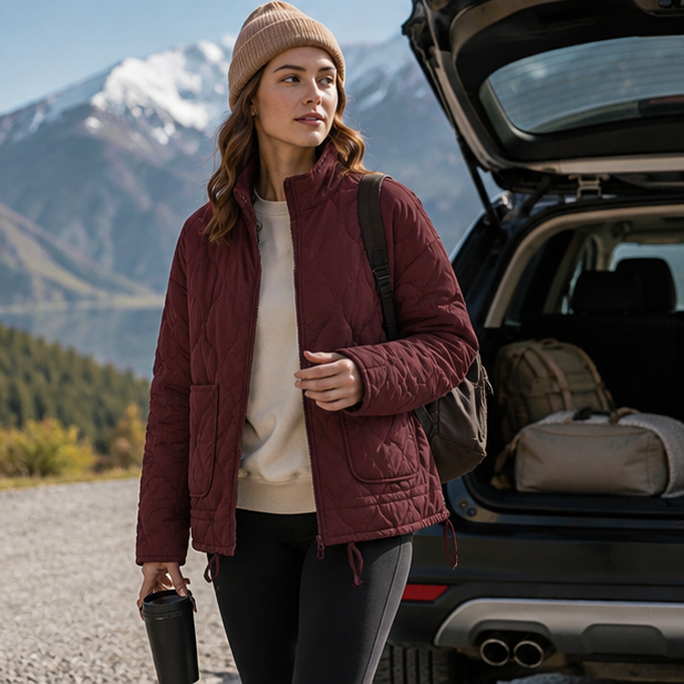 Vintage Quilted Padded Jacket – Women’s High Collar Winter Coat with Large Pockets for Warm Everyday Outerwear