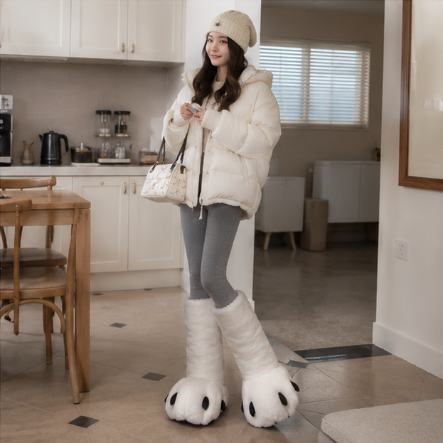 Women's Bear Paw Winter Boots - Plush High Top House Slippers for Cozy Indoor Warmth