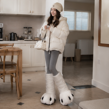 Women's Bear Paw Winter Boots - Plush High Top House Slippers for Cozy Indoor Warmth