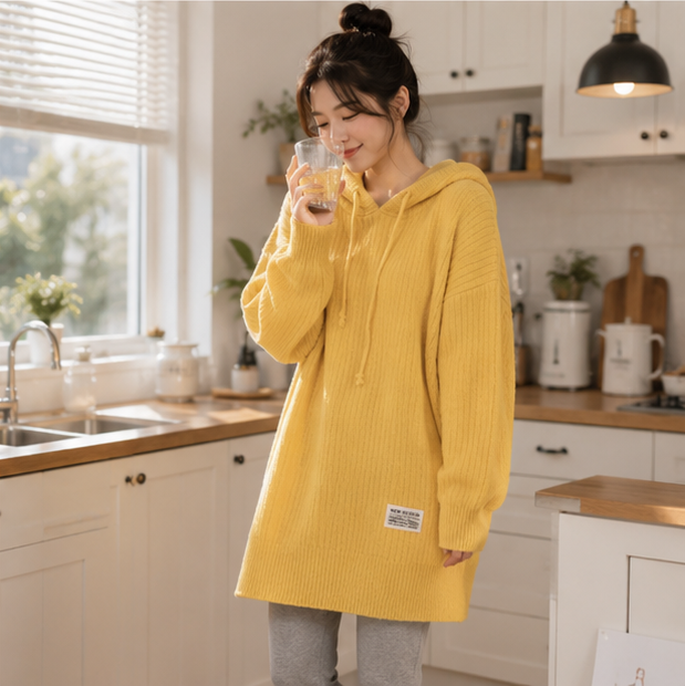 Women's Hooded Knitted Sweater - Thick Longline Winter Pullover for Casual Warm Fashion Styling