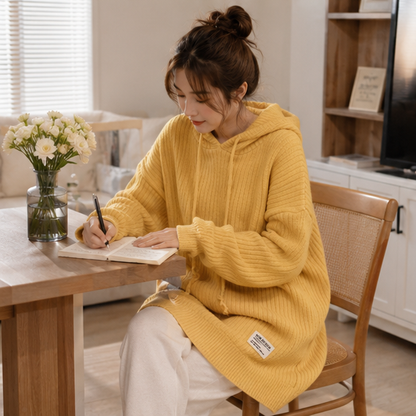 Women's Hooded Knitted Sweater - Thick Longline Winter Pullover for Casual Warm Fashion Styling