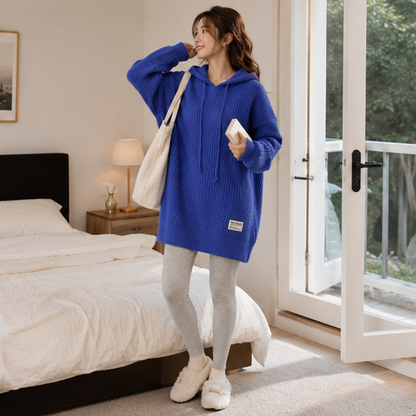 Women's Hooded Knitted Sweater - Thick Longline Winter Pullover for Casual Warm Fashion Styling