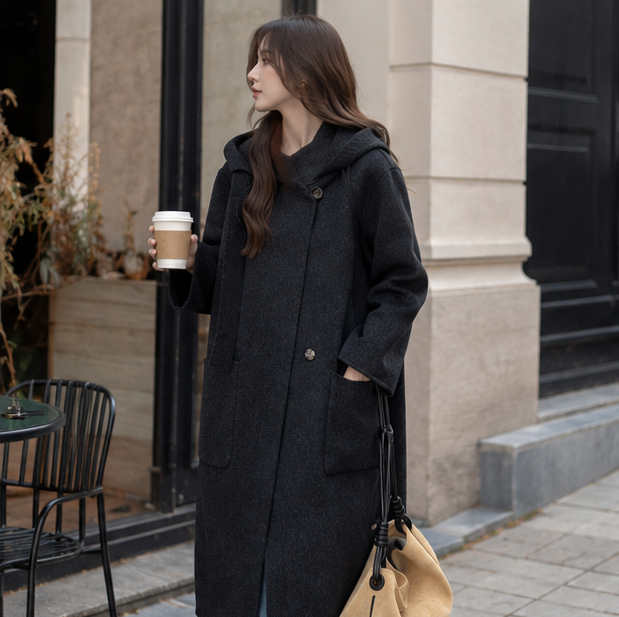 Women's Hooded Wool Coat – Thick Mid Length Winter Overcoat for Plus Size Comfort and Elegant Cold Weather Style
