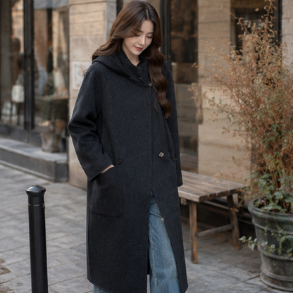 Women's Hooded Wool Coat – Thick Mid Length Winter Overcoat for Plus Size Comfort and Elegant Cold Weather Style