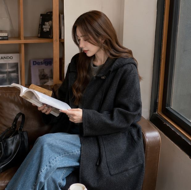 Women's Hooded Wool Coat – Thick Mid Length Winter Overcoat for Plus Size Comfort and Elegant Cold Weather Style