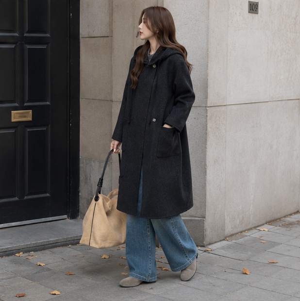 Women's Hooded Wool Coat – Thick Mid Length Winter Overcoat for Plus Size Comfort and Elegant Cold Weather Style