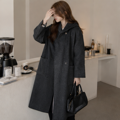 Women's Hooded Wool Coat – Thick Mid Length Winter Overcoat for Plus Size Comfort and Elegant Cold Weather Style