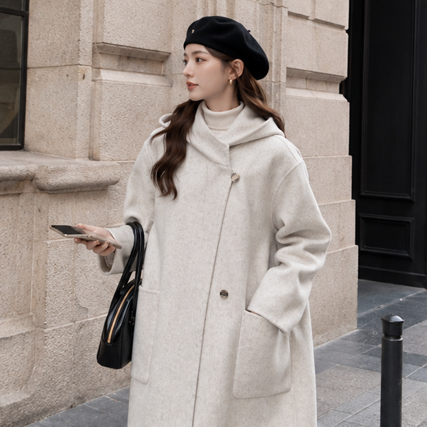 Women's Hooded Wool Coat – Thick Mid Length Winter Overcoat for Plus Size Comfort and Elegant Cold Weather Style