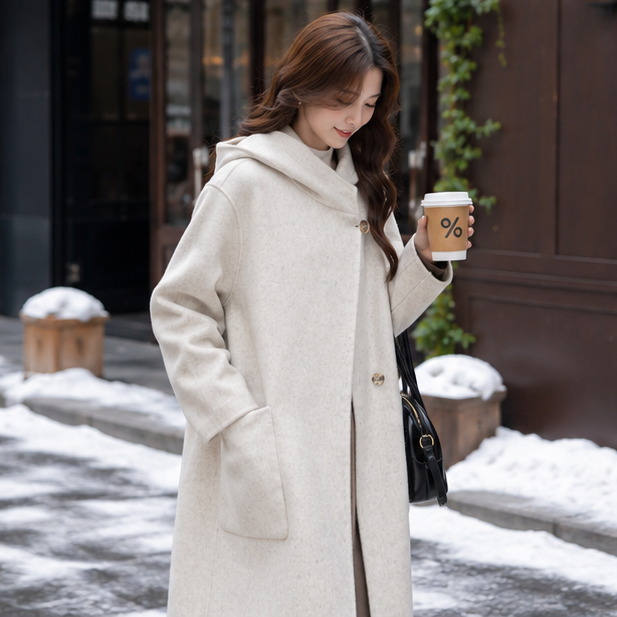 Women's Hooded Wool Coat – Thick Mid Length Winter Overcoat for Plus Size Comfort and Elegant Cold Weather Style