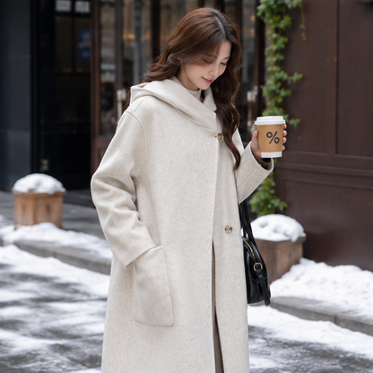 Women's Hooded Wool Coat – Thick Mid Length Winter Overcoat for Plus Size Comfort and Elegant Cold Weather Style