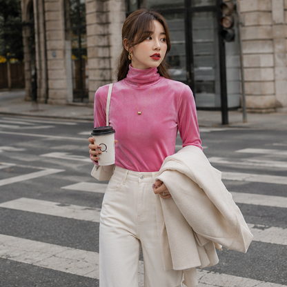 Women's Velvet Turtleneck Sweater – Thick Thermal Knit Pullover for Cozy Winter Layering and Everyday Comfort