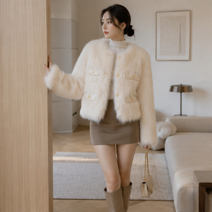Womens Faux Fox Fur Winter Coat-Elegant Short Jacket for Luxury Style Warmth and Seasonal Fashion Layering