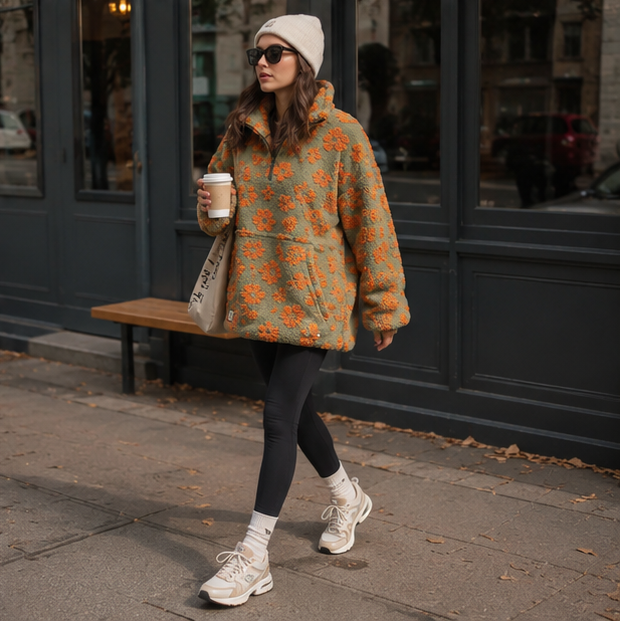 Womens Faux Lambskin Jacket-Printed Zip Up Coat with Plush Warmth for Spring Autumn and Casual Fashion