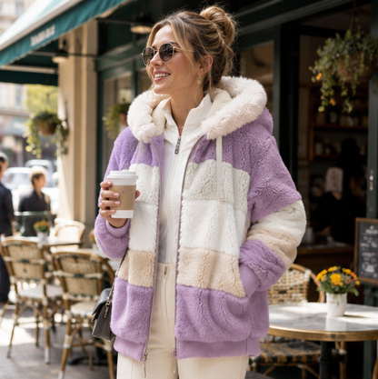 Womens Plush Hooded Winter Coat-Warm Patchwork Zip Jacket with Pockets for Casual Fashion and Everyday Comfort