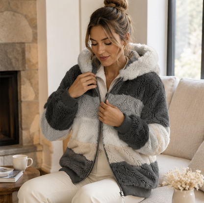 Womens Plush Hooded Winter Coat-Warm Patchwork Zip Jacket with Pockets for Casual Fashion and Everyday Comfort