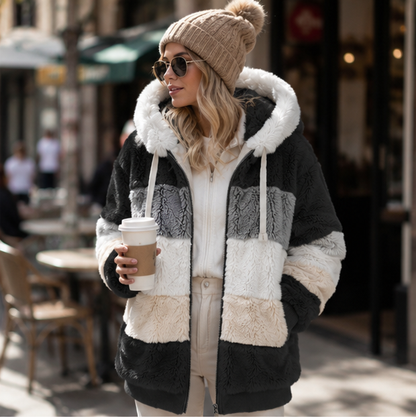 Womens Plush Hooded Winter Coat-Warm Patchwork Zip Jacket with Pockets for Casual Fashion and Everyday Comfort