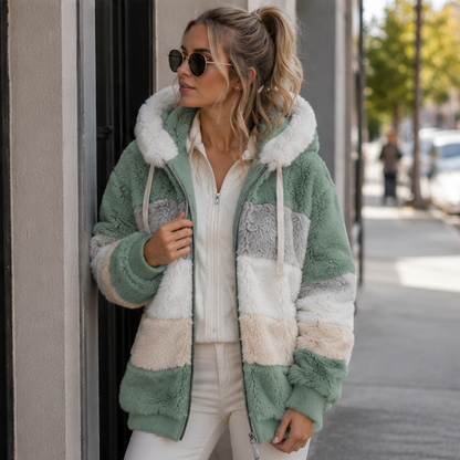 Womens Plush Hooded Winter Coat-Warm Patchwork Zip Jacket with Pockets for Casual Fashion and Everyday Comfort
