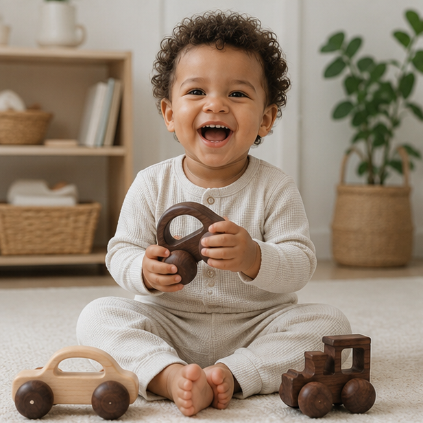 Wooden Car Teether Toy - BPA Free Montessori Baby Toy for Teething Relief and Sensory Development