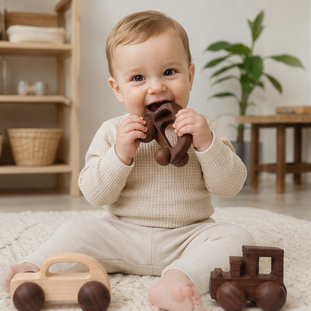 Wooden Car Teether Toy - BPA Free Montessori Baby Toy for Teething Relief and Sensory Development