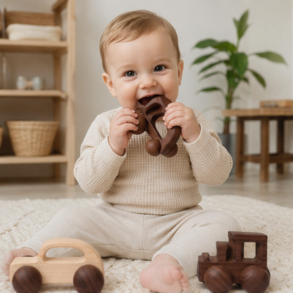 Wooden Car Teether Toy - BPA Free Montessori Baby Toy for Teething Relief and Sensory Development