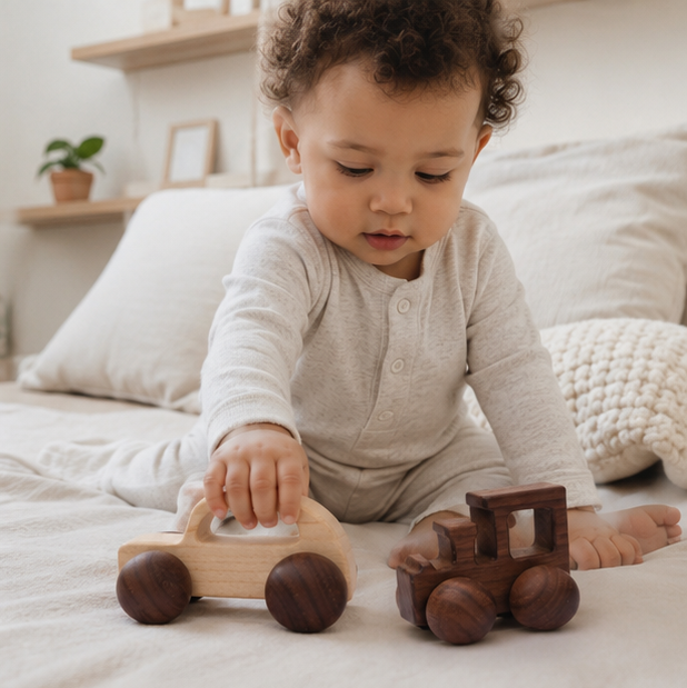 Wooden Car Teether Toy - BPA Free Montessori Baby Toy for Teething Relief and Sensory Development
