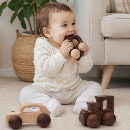 Wooden Car Teether Toy - BPA Free Montessori Baby Toy for Teething Relief and Sensory Development
