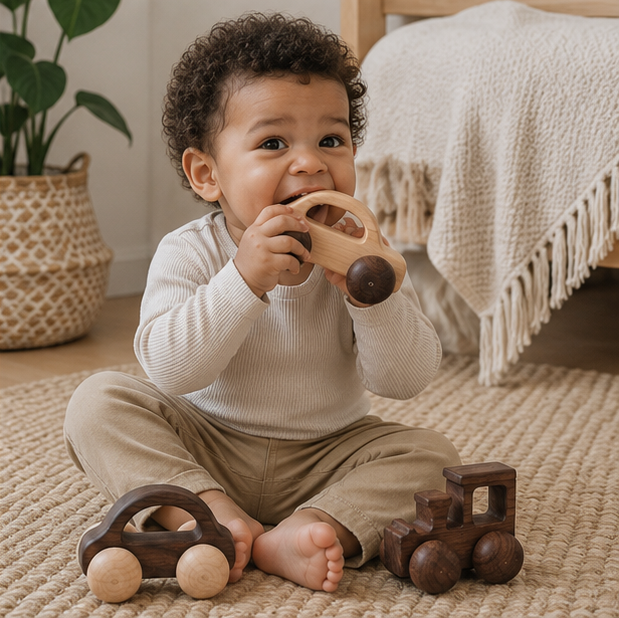 Wooden Car Teether Toy - BPA Free Montessori Baby Toy for Teething Relief and Sensory Development