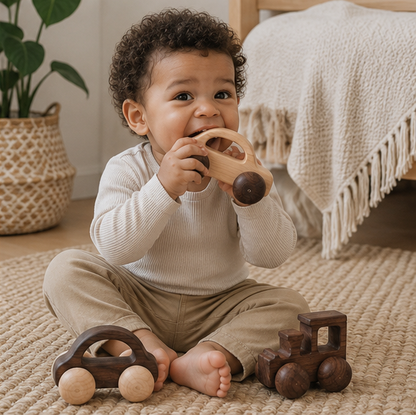 Wooden Car Teether Toy - BPA Free Montessori Baby Toy for Teething Relief and Sensory Development
