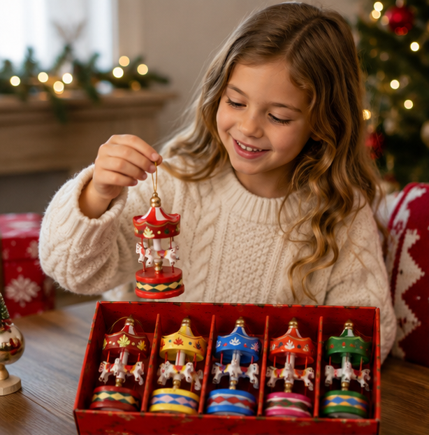 Wooden Carousel Horse Ornament Set – Christmas Tree Hanging Decorations for Holiday Parties, Home Decor and Seasonal Displays