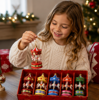 Wooden Carousel Horse Ornament Set – Christmas Tree Hanging Decorations for Holiday Parties, Home Decor and Seasonal Displays