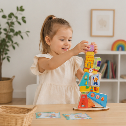 Wooden House Stacking Puzzle - Montessori Balance Game for Fine Motor Skills and Educational Learning