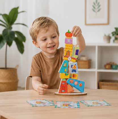 Wooden House Stacking Puzzle - Montessori Balance Game for Fine Motor Skills and Educational Learning
