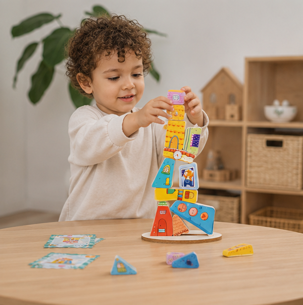 Wooden House Stacking Puzzle - Montessori Balance Game for Fine Motor Skills and Educational Learning