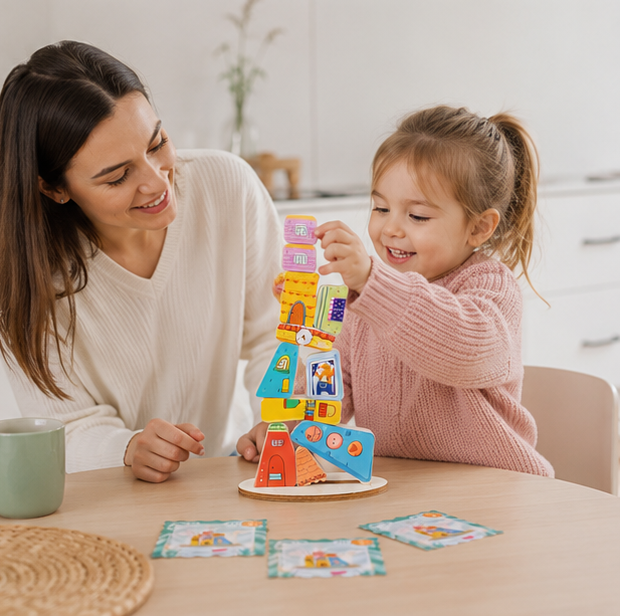 Wooden House Stacking Puzzle - Montessori Balance Game for Fine Motor Skills and Educational Learning