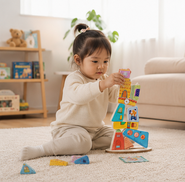 Wooden House Stacking Puzzle - Montessori Balance Game for Fine Motor Skills and Educational Learning