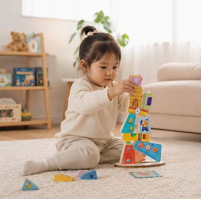 Wooden House Stacking Puzzle - Montessori Balance Game for Fine Motor Skills and Educational Learning