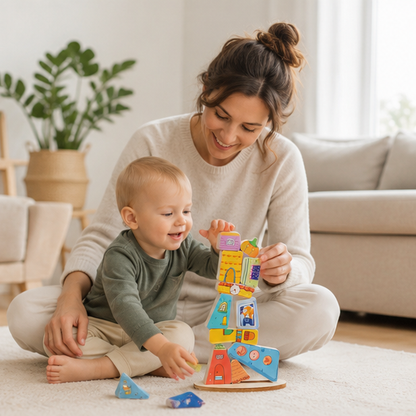 Wooden House Stacking Puzzle - Montessori Balance Game for Fine Motor Skills and Educational Learning