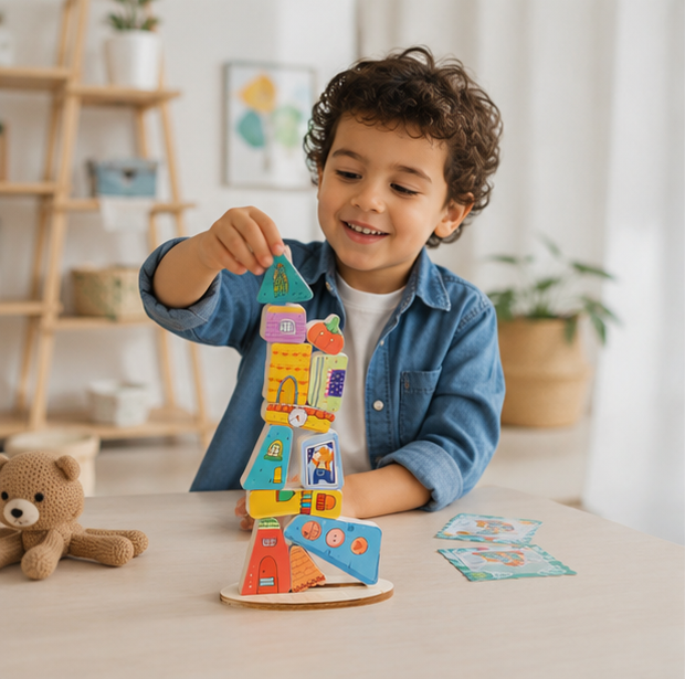 Wooden House Stacking Puzzle - Montessori Balance Game for Fine Motor Skills and Educational Learning