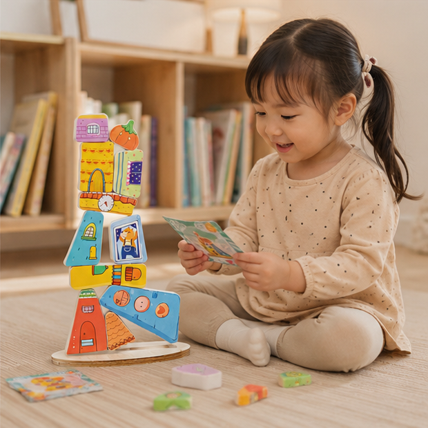 Wooden House Stacking Puzzle - Montessori Balance Game for Fine Motor Skills and Educational Learning