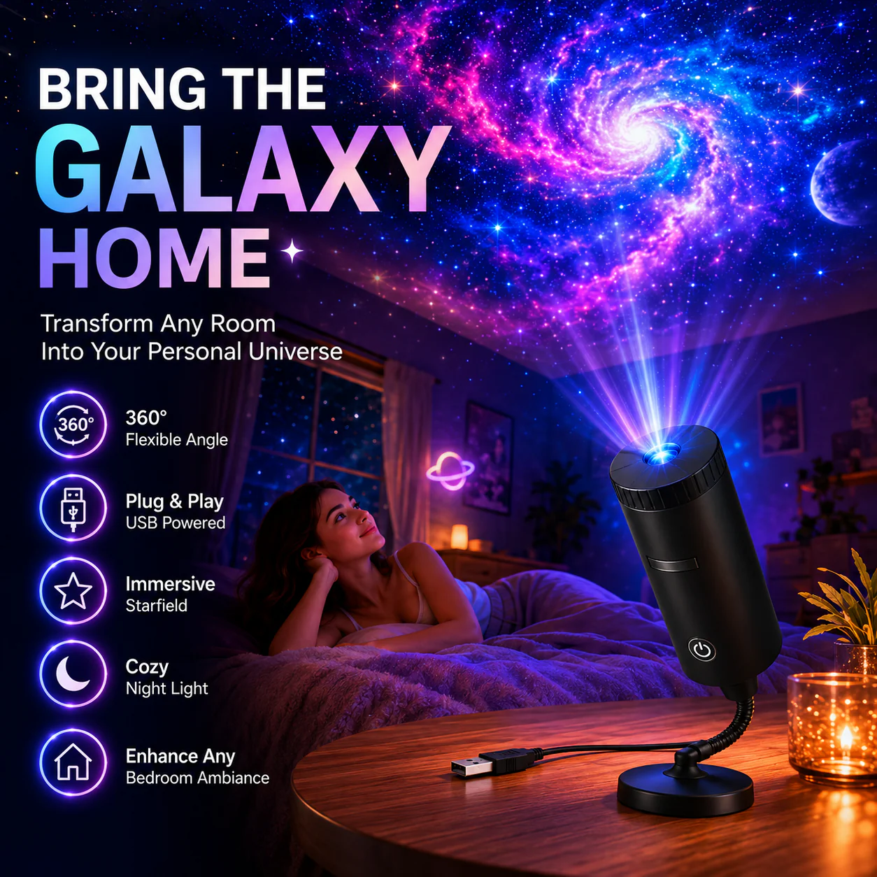 Plug-&-Play HD Star Projector – 11 Galaxy, Butterfly & Ocean Scenes
