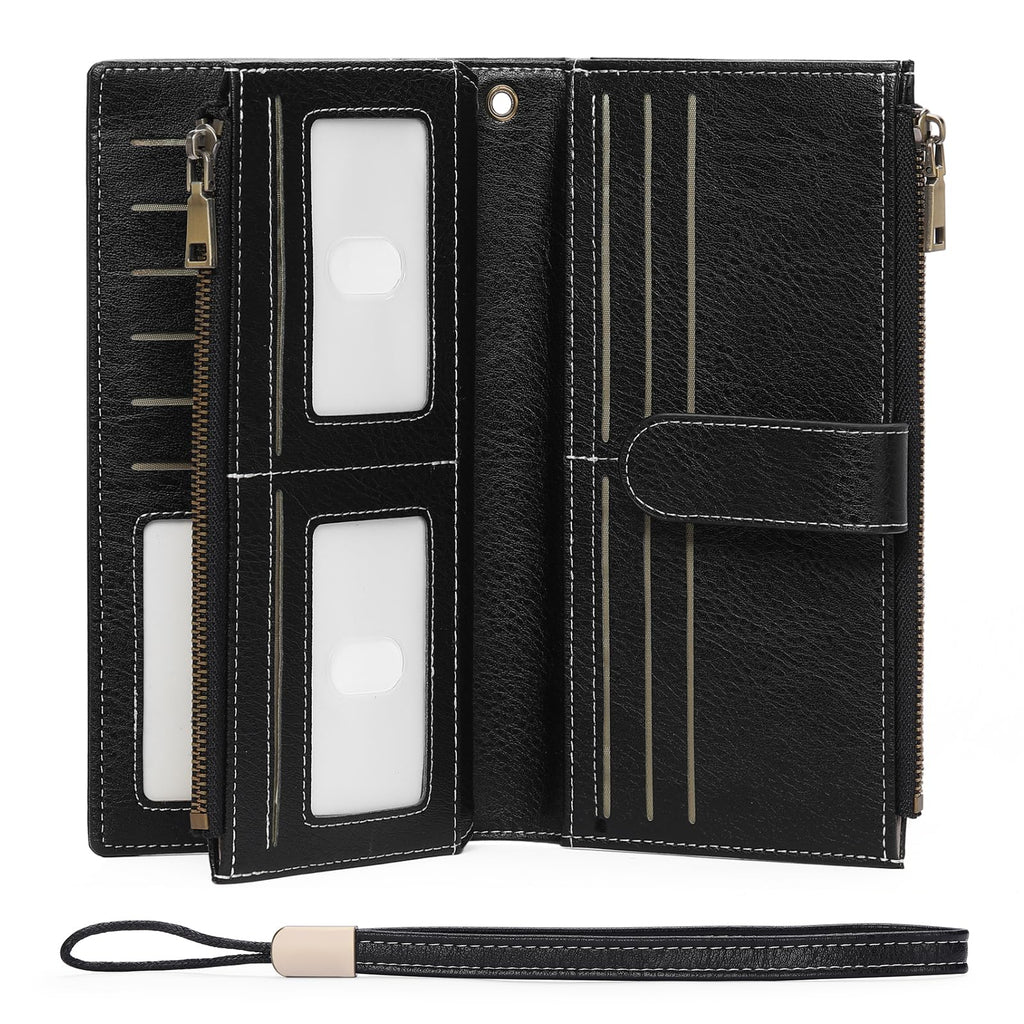 Large Leather Wallet for Women RFID Blocking Trifold Wristlet